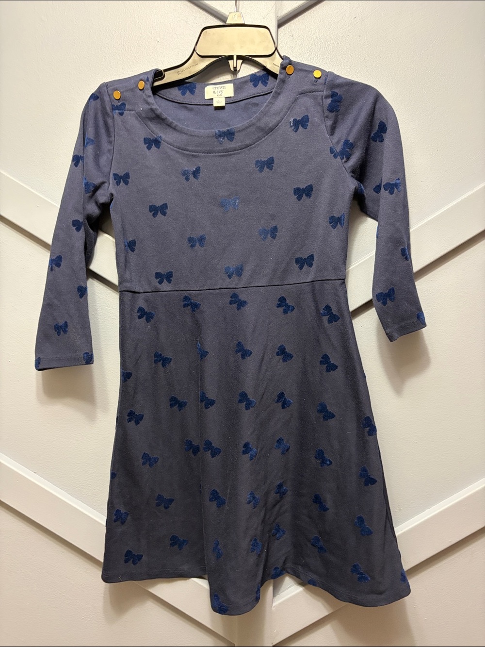 crown & ivy Navy Dress with Blue Butterfly Print and Gold Buttons